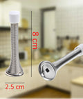 Four Pack Silver Spring Door Stopper Set, Screw In Flexible Steel With White Rubber Tips, Wall Saver That Prevents Bumps and Dents, Kid And Pet Safe, 8 cm height, shown in kitchen setting