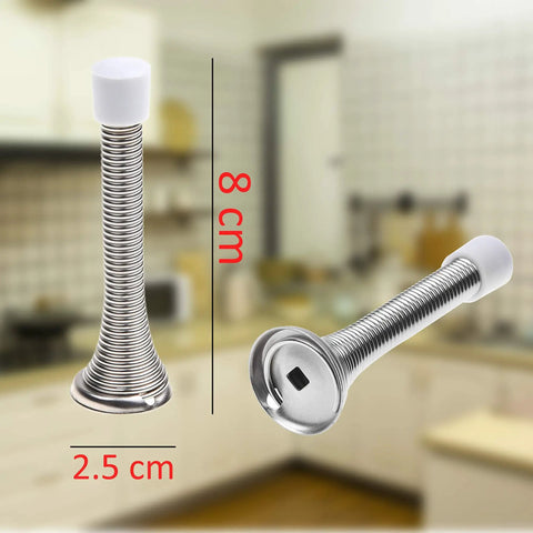 Four Pack Silver Spring Door Stopper Set, Screw In Flexible Steel With White Rubber Tips, Wall Saver That Prevents Bumps and Dents, Kid And Pet Safe, 8 cm height, shown in kitchen setting