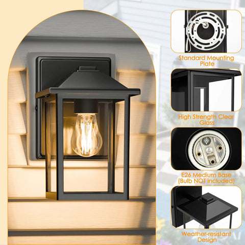 Heavy Duty Outdoor Wall Light Built Sick For Rain Or Shine Premium Metal Sconce With Shatter Proof Glass close-up of black metal design and bulb holder.