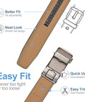 Men's Leather Ratchet Belt With Automatic Buckle No Hole Trim To Fit 36 To 42 Inch Waist features and sizing diagram