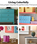 Colorful home decor setup with teal cabinet, vibrant wall shelves, and assorted decorative items emphasizing color variety.