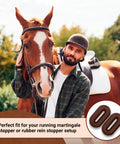Horse Martingale Stopper Rubber Rein Stopper Must Have Set in use with horse and rider in outdoor setting, brown