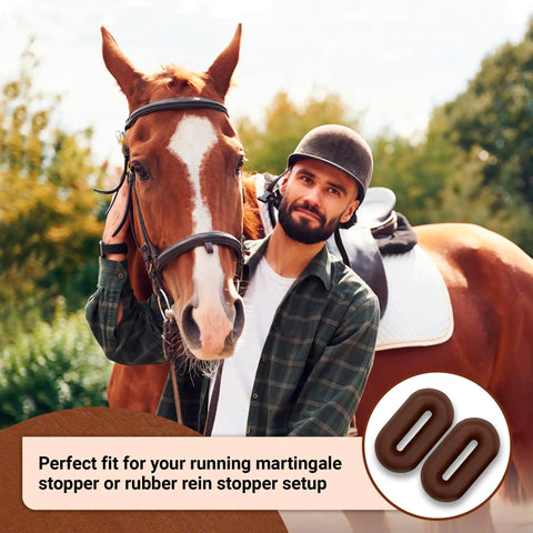 Horse Martingale Stopper Rubber Rein Stopper Must Have Set in use with horse and rider in outdoor setting, brown