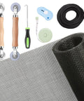 All In One Window Screen Repair Kit With 48x118 Charcoal Fiberglass Mesh And Rolling Tool Spline Cutter Ruler Hook For Replacing Windows And Sliding Doors Includes Knife And Spline Remover including mesh and tools