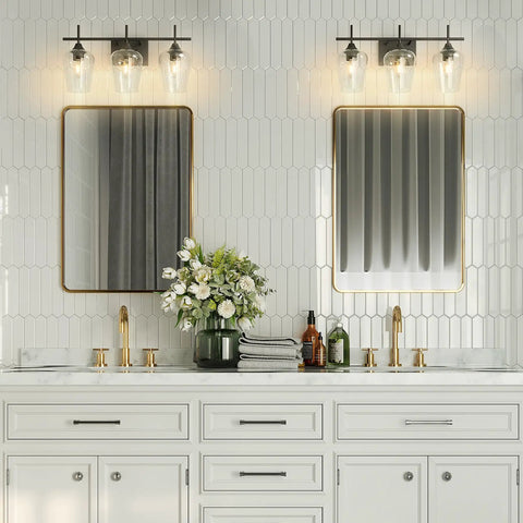Three Light Black Vanity Light Over Mirror With Clear Glass Shades Sleek Modern Industrial Bathroom Wall Fixture