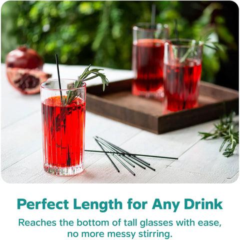 Tall glasses with red drinks using 7 Inch Black Disposable Stir Sticks for hot and cold beverages, 1000 count, outdoors