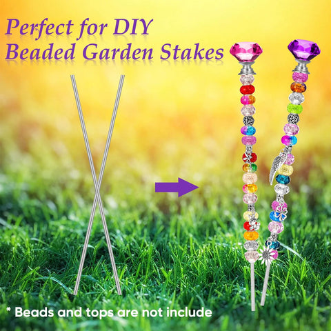 Stainless steel threaded rods with hex nuts for beaded garden stakes, 4 mm (8/32 in); shows two rods and two beaded strands.