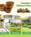 Image of Set Of 3 Wooden Flower Boxes For Outdoors In Durable Acacia Wood Barrel Planters With Ergonomic Handles Drainage Holes And Multiple Sizes Light Brown Wood Bucket Planter Set, shown on various outdoor settings like balcony, backyard, and garden.