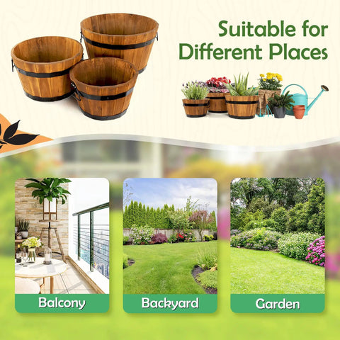 Image of Set Of 3 Wooden Flower Boxes For Outdoors In Durable Acacia Wood Barrel Planters With Ergonomic Handles Drainage Holes And Multiple Sizes Light Brown Wood Bucket Planter Set, shown on various outdoor settings like balcony, backyard, and garden.