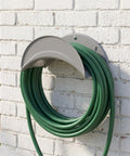 Heavy Duty Wall Mount Hose Hanger 2 Pack Sturdy Iron Metal Rack Garden Storage with green hose neatly organized on wall.