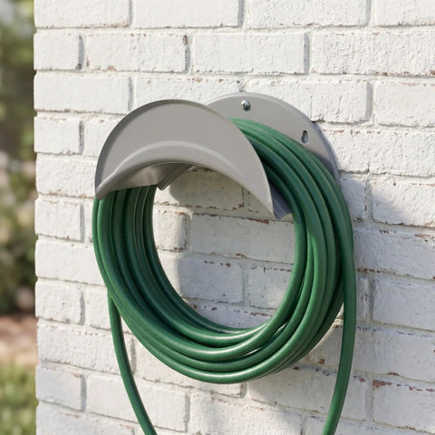 Heavy Duty Wall Mount Hose Hanger 2 Pack Sturdy Iron Metal Rack Garden Storage with green hose neatly organized on wall.