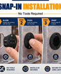 100 Pack Half Inch Snap In Bushing Grommet Set installation steps in metal panel, showing Align, Push, and Snap stages.