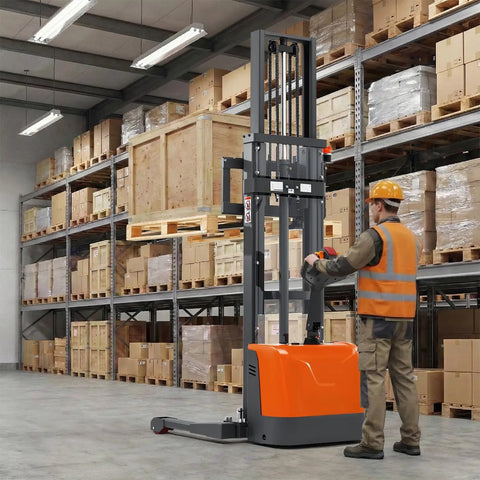 3300 Lbs Full Electric Walkie Stacker Material Lift With Straddle Legs and Adjustable Forks Up To 98 Inches Max Lifting Height in warehouse.