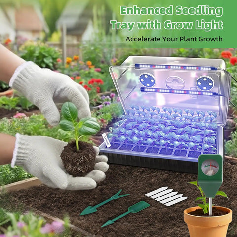 120-Cell Self-Watering Seed Starter Tray With Grow Light And 1-24 Hour Timer Humidity Dome Soil pH Meter Gloves And Seedling Tools Indoor Seed Starting Kit For Fast Germination Of Herbs Vegetables And Flowers