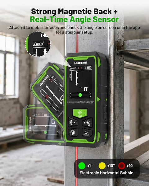 Heavy Duty Dual Laser Distance Meter Serving Up A Solid 395 Foot Range With Slick Phone App Sync And Quick USB C Charge For Contractors And DIY Crews Expecting Rock Solid Tool Performance All Day Long showing strong magnetic back and real-time angle sensor.