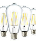 Four Clear Vintage Filament LED ST64 Waterproof Bulbs, 800 Lumens, 8.5W, 60W Equivalent, Dimmable Soft White 3000K, E26 Medium Base