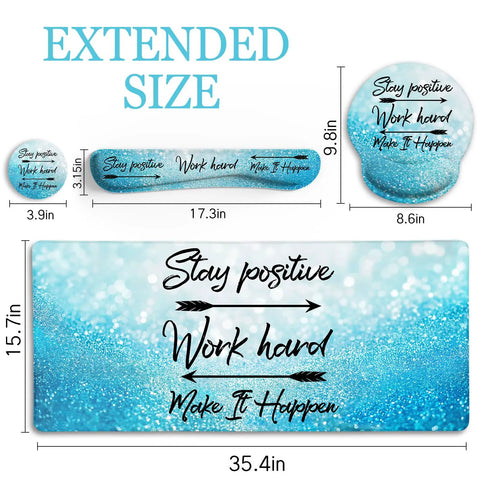 Stay Positive XXL Desk Mat Pad Set With Cushioned Wrist Rest For Mouse And Keyboard Large Gaming Mouse Pad With Wrist Support Extended Desk Pad For Your Home Office Setup Coaster Included Non Slip Ergonomic Workspace Vibes, featuring blue design with motivational text.