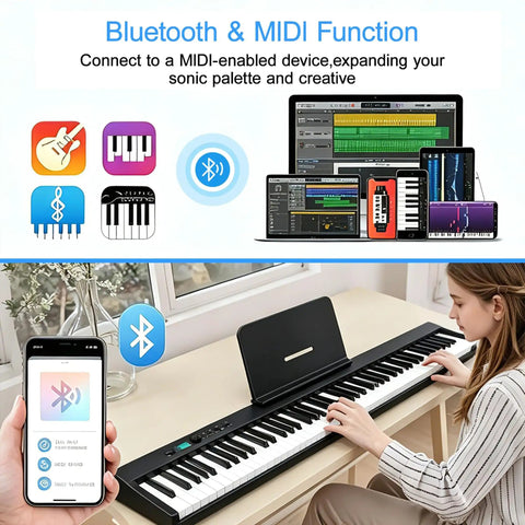 Woman using Foldable 88 Key Portable Piano Keyboard With 128 Sounds Full Size Semi Weighted Keys USB MIDI Carry Bag Pedal And Beginner Lessons Space Saving Electric Keyboard You Can Take Anywhere On The Go with Bluetooth on table.