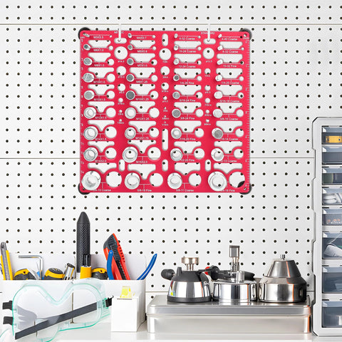 Red wall-mount bolt thread gauge board showing 55 bolt sizes (20 standard, 16 metric) with drill-bit gauge