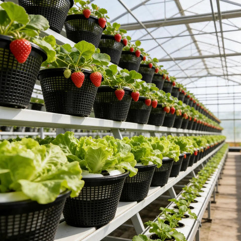 Rows of Heavy Duty Reusable Net Pots For Hydroponics And Aquaponics Weather Resistant Planting Baskets in a greenhouse.