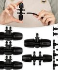 Person holding Drip Irrigation Fittings Kit 5/16 To 1/4 Inch Connectors Set for garden tubing, includes barbed tee and splitters