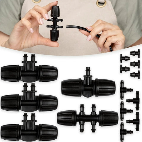 Person holding Drip Irrigation Fittings Kit 5/16 To 1/4 Inch Connectors Set for garden tubing, includes barbed tee and splitters