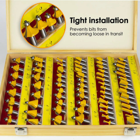 Pro Grade 1/2 Inch Shank Router Bit Set, 70 Piece Carbide Kit for woodworking displayed in wooden box with tight installation