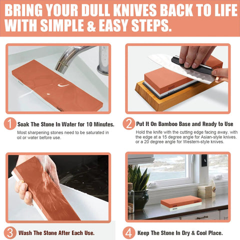 Guide for using Pro Whetstone Knife Sharpening Stone Set with 4 sided grit 400 to 1000 and 3000 to 8000, non-slip base, and angle guide