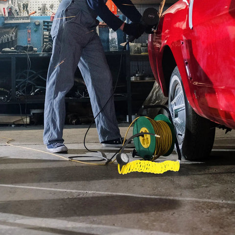 Top Tier Yellow PU Coil Air Hose With Quick Lock Connector For Air Compressor And Pneumatic Tools delivering durability in garage.