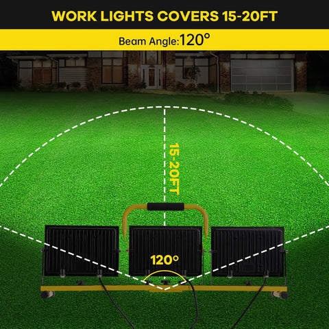 Heavy Duty Led Work Light With Beefy Telescoping Tripod, 30000 Lumens, Three Pivotable Heads, Waterproof Housing, And Badass 16 Ft Power Cable For Projects showing beam angle and coverage area on grass.