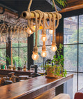 Six Heads Hemp Rope Pendant Light With Vintage Bamboo Chandeliers Fixture For Kitchen Island And Rustic Industrial Hanging Lamp