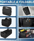 Car Trunk Organizer With Six Big Pockets Waterproof 600D Polyester Storage For SUV Minivan And Truck Durable Cargo Organizer shown folded, in use, and storing items in vehicle trunk