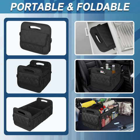 Car Trunk Organizer With Six Big Pockets Waterproof 600D Polyester Storage For SUV Minivan And Truck Durable Cargo Organizer shown folded, in use, and storing items in vehicle trunk