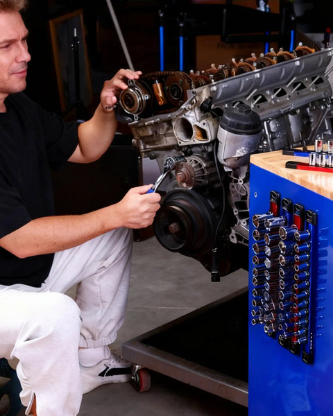 Deadset Reliable Magnetic Socket Organizer Slick Push Button Sliding Rail For Super Tight Toolbox Storage Quick Add Remove Clips Rapid Swap Three Eighths Drive Ratchet Tools in use with engine components.