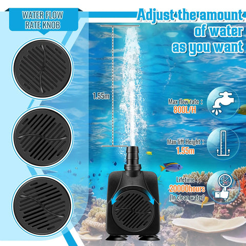 Beast Submersible Fountain Pump With Lights 16W 800 Liters Per Hour Flow 8.86ft Lift Ultra Quiet Operation Includes 2 Nozzles