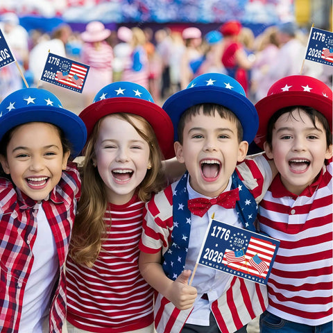 Children celebrating with 12 Pack 250th Anniversary Flags 5x8 Inches Handheld Polyester Double Sided With Wooden Poles For Easy Assembly