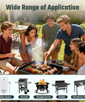 Group of friends cooking on a gas grill with portable fire pit, water heater, griddle, and two-burner stove options shown below
