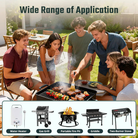 Group of friends cooking on a gas grill with portable fire pit, water heater, griddle, and two-burner stove options shown below