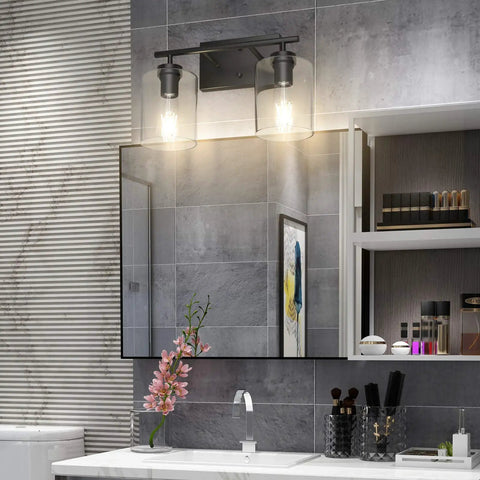 Two Light Vanity Light Fixture Matte Black With Clear Glass Shades Over Mirror in Bathroom, Industrial Style, 380mm L x 275mm W x 190mm H