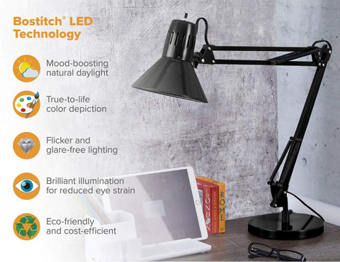 Swing Arm Desk Lamp With 36 Inch Reach Fully Adjustable Multi Joint Metal Build Replaceable LED Bulb Black Office Task Lighting