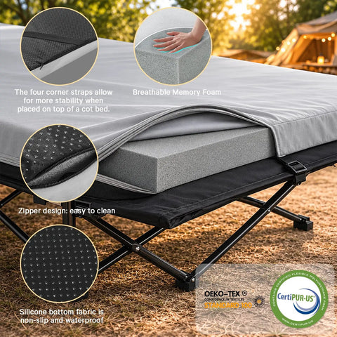 2 Inch Memory Foam Comfy Camping Cot Pad For Folding Cots With Removable Cover Non Slip Waterproof Bottom Portable Roll Up Camp Gear For Car Camping Tent Trips RV Travel Pad Only