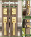 Built Tough Satin Brass Front Door Handle Set With Keys, Heavy Duty Exterior Door Lock And Single Cylinder Deadbolt displayed on wooden door