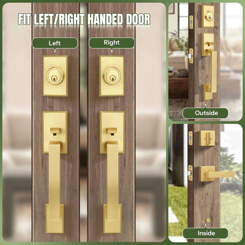 Built Tough Satin Brass Front Door Handle Set With Keys, Heavy Duty Exterior Door Lock And Single Cylinder Deadbolt displayed on wooden door