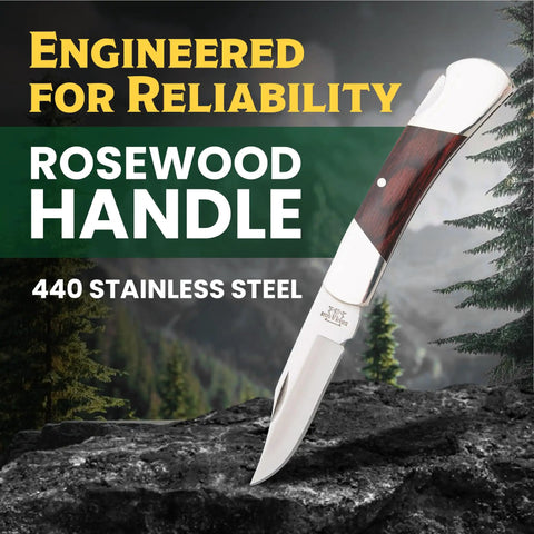Compact 2.25 Inch Folding Pocket Knife With 440 Stainless Clip Point Blade Rosewood Handle shown against outdoor backdrop