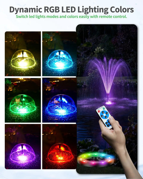 Cool RGB Pond Fountain With LED Lights 660GPH Submersible Pump Adjustable Height And Water Flow Memory Color Modes, remote control.