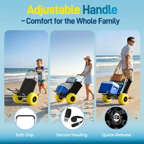 Heavy Duty Beach Wagon With 13 Inch Solid TPU Wheels, 352 Lb Capacity, Foldable Aluminum Wagon Dolly, on beach sand