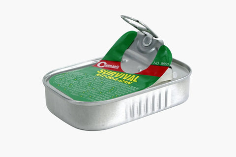 Grab-And-Go Survival Kit In A Can 38 Essential Camping And Hiking Tools For Emergencies, Compact Pocket Size with open lid