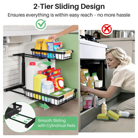 Heavy Duty Under Sink Organizer With Smooth Metal Slide Out Drawers That Are A Total Knockout For Taming Messy Cabinets And Handling The Heavy Lifting Around The House In Black Two Pack shows 2-tier design maximizing storage.