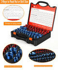 Top Shelf 75 Piece Nut And Bolt Thread Checker Kit With Sae And Metric Identifiers displays gauges in red and blue for easy sizing.