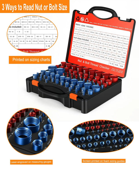 Top Shelf 75 Piece Nut And Bolt Thread Checker Kit With Sae And Metric Identifiers displays gauges in red and blue for easy sizing.